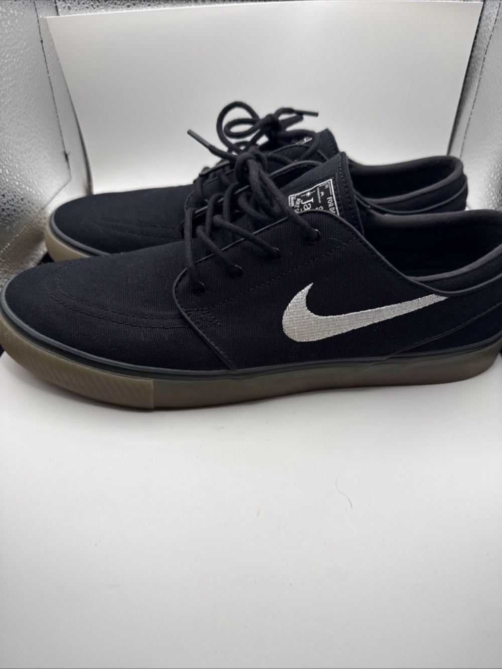 Nike SB Zoom Stefan Janoski Black Canvas Sneakers with White Swoosh Gum Soles